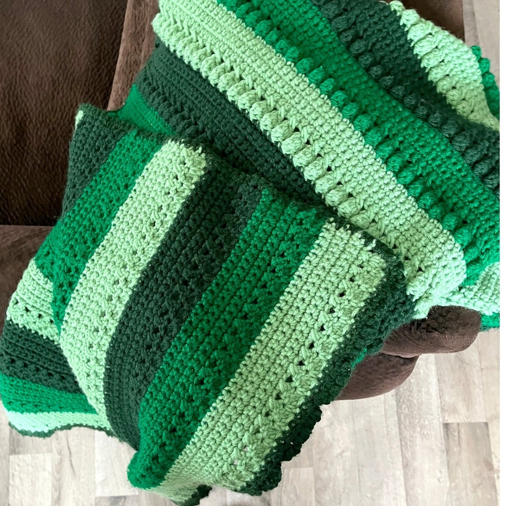 Handmade Crochet Throw Blanket Green Striped Bobble Stitch Afghan 37x50 Boho - Picture 2 of 7